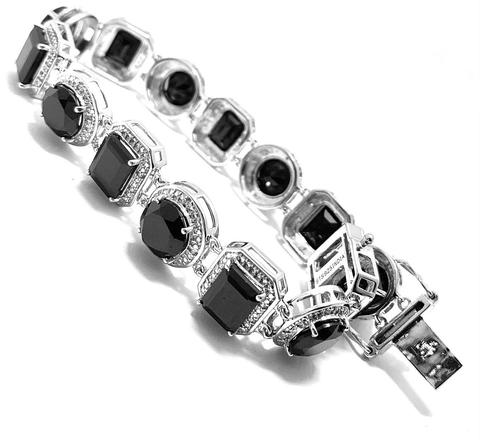 18k Gold & .925 Sterling Silver Diamonique Diamond & Black Onyx Large Tennis Bracelet