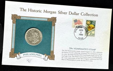 1921, "THE HISTORIC MORGAN SILVER DOLLAR COLLECTION" SEALED DISPLAY CARD AND STAMP