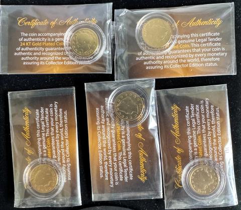 1902, 1903, 1904, 1905, 1906  (5) 24K GOLD PLATED LIBERTY V NICKELS IN CAPSULE, COA, (HARD TO PHOTO IN PKG)
