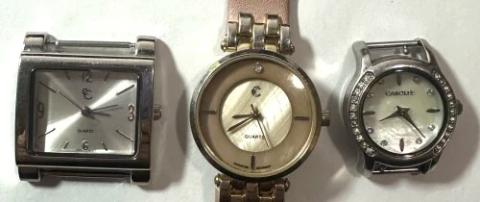 REDUCED - 3 Ladies Watches - 2 Charming Charlie (1 w/o band) and 1 Carolee w/Mother-of-Pearl Face (No Band) - Working Condition Unknown