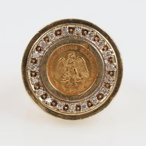 14kt Gold Diamond Ring With Mexican Fine Gold Coin -Evaluated By Our Certified Gemologist-AGS/GIA
