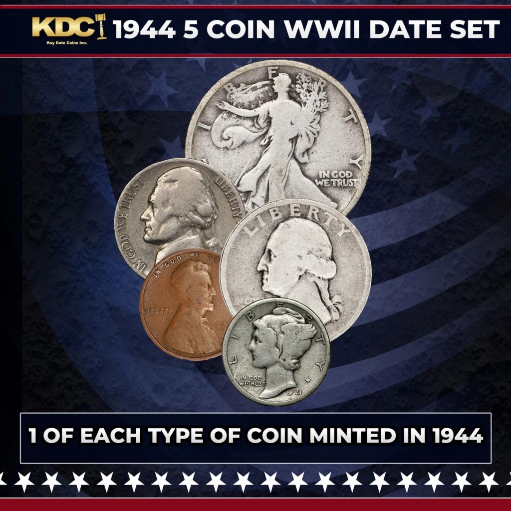 1944 WWII 5 Coin Date Set, 1 Of Each Type Of Coin Minted in 1944 - photo 1