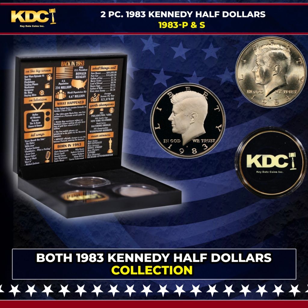 Complete 3 PC. 1983 Kennedy Half Dollar 50c set In Custom Box W/ Special Backer Card BU & Proof COOL! - photo 1