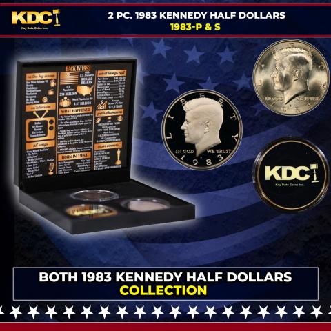 Complete 3 PC. 1983 Kennedy Half Dollar 50c set In Custom Box W/ Special Backer Card BU & Proof COOL!