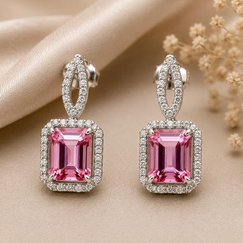 925 Sterling Silver 6.91 Ct Octagon Pink Topaz White Zircon Earrings