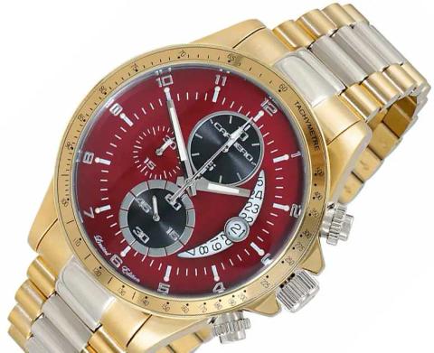 Lechateau Mens, Swiss-Ronda Chronograph Mov't, 2- Told Gold, Maroon -Black Dial, C2T101YL_BRD - MSRP: $2,468.00