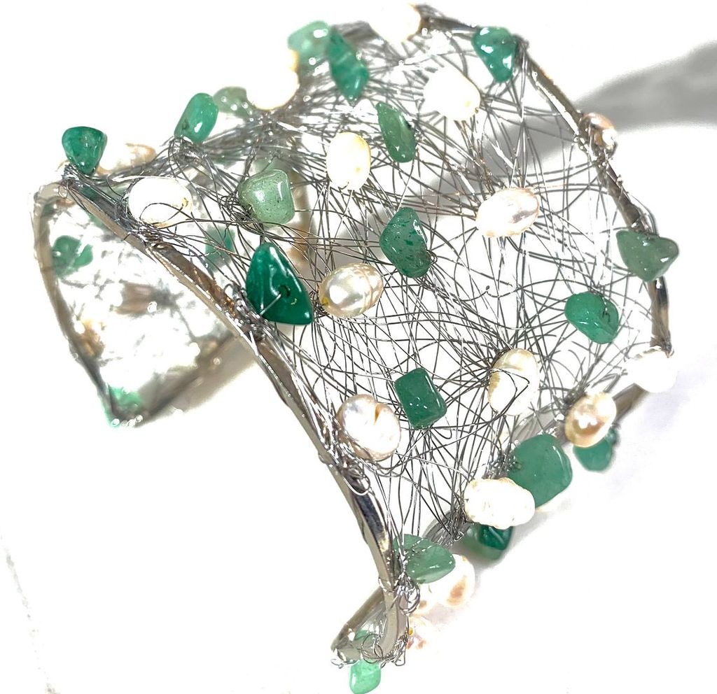 Nina Nguen Design 53 White Pearls & Emeralds Large Bangle Bracelet - photo 1