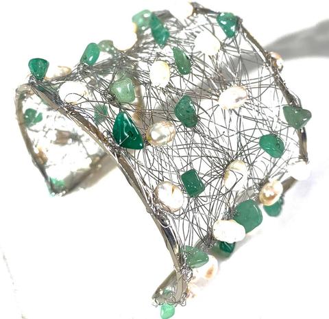 Nina Nguen Design 53 White Pearls & Emeralds Large Bangle Bracelet
