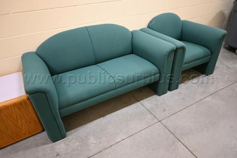 Green Love Seat Couch With Matching Chair and End Table