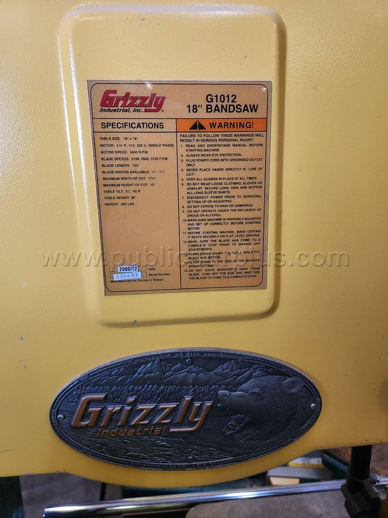 Grizzly G1012 bandsaw - 18in — photo 1