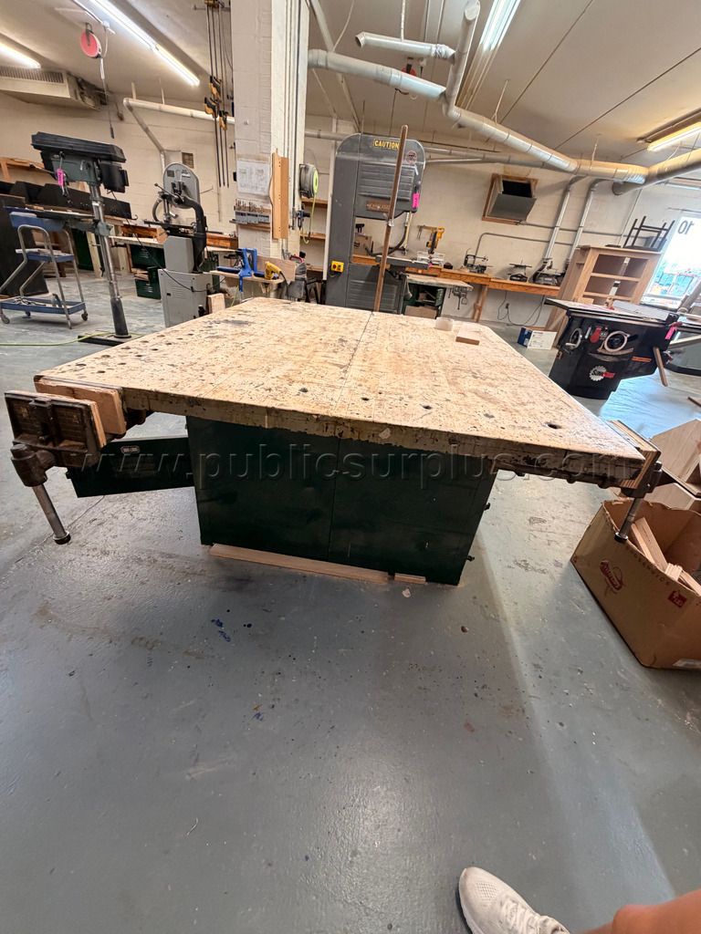 Woodshop tables (54in x 64in x 32in) - Inc vices & under storage - DUTCH AUCTION — photo 1