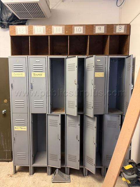 Gray Metal Double-Tier Lockers with Wood Shelf Unit - 6 Bays