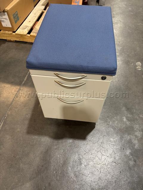 Small Two Drawer Metal File Cabinet w/Wheels and Blue Padded Top