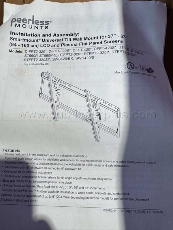 Lot of Eight (8)Flat Panel Mounts 37"-63" Peerless - photo 1